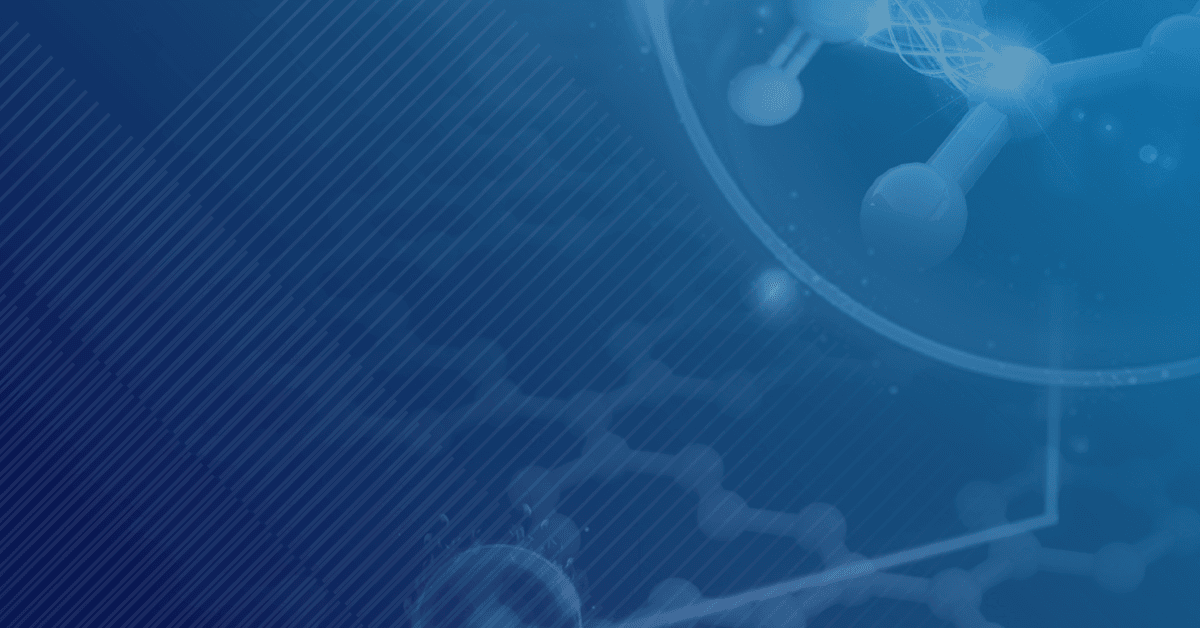 An Abstract digital illustration featuring a blue gradient background with molecular structures and geometric lines, conveying a scientific theme.