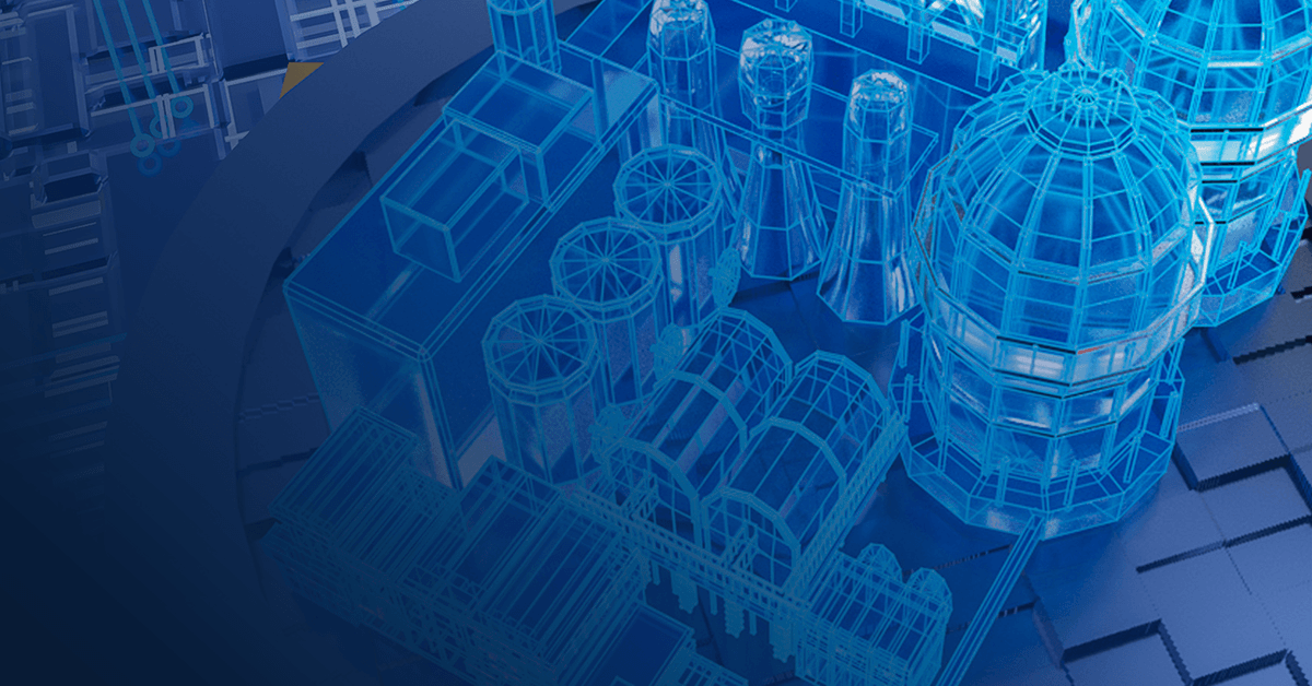 A blue drawing of a building with a blue background.