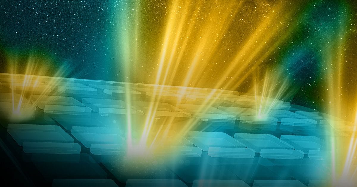 Light beams shining out from blue solar panels