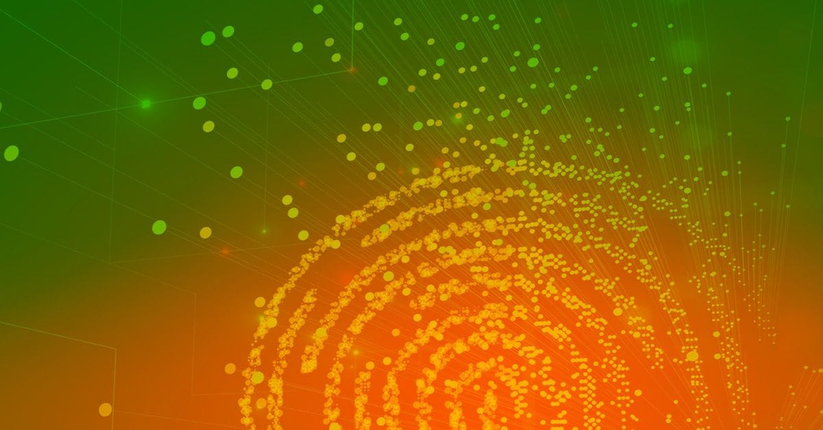 Abstract digital graphic of glowing yellow dots forming concentric arcs on a green-to-orange gradient.