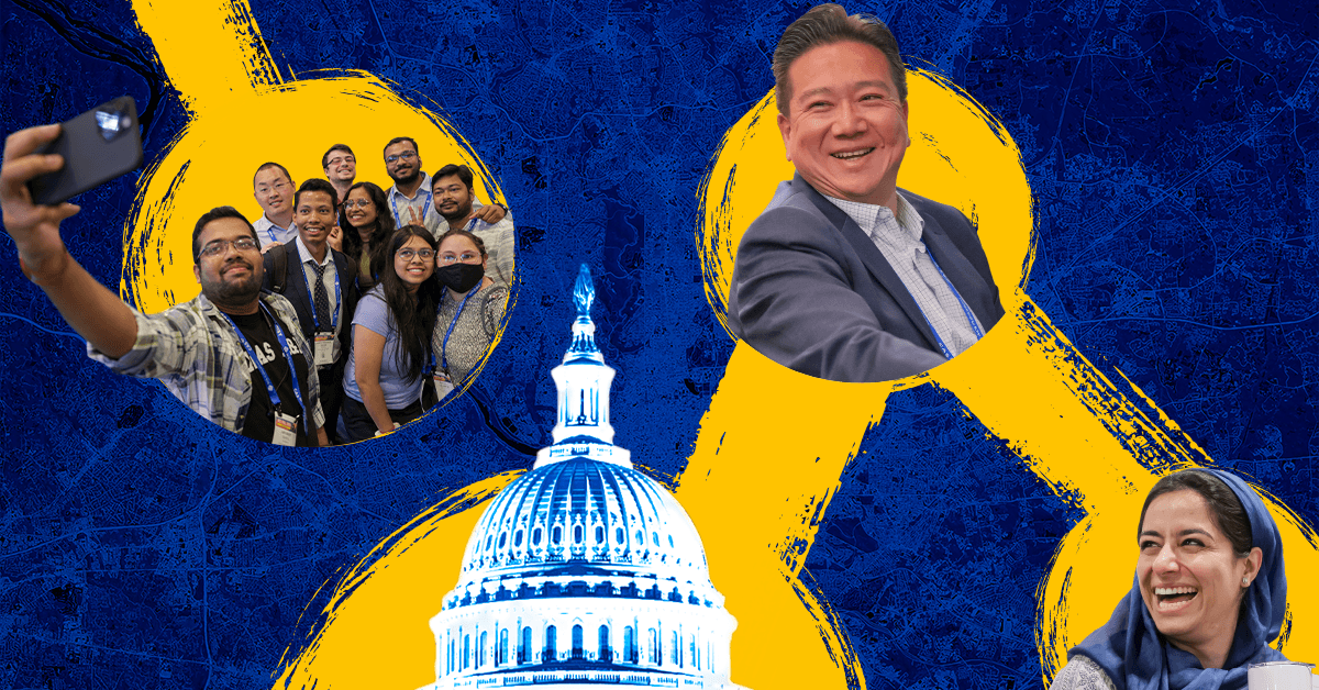 A promotional image collage for ACS Fall 2025 National meeting, featuring photos of attendees, speakers, and the US Capitol building on top of a yellow and blue background.