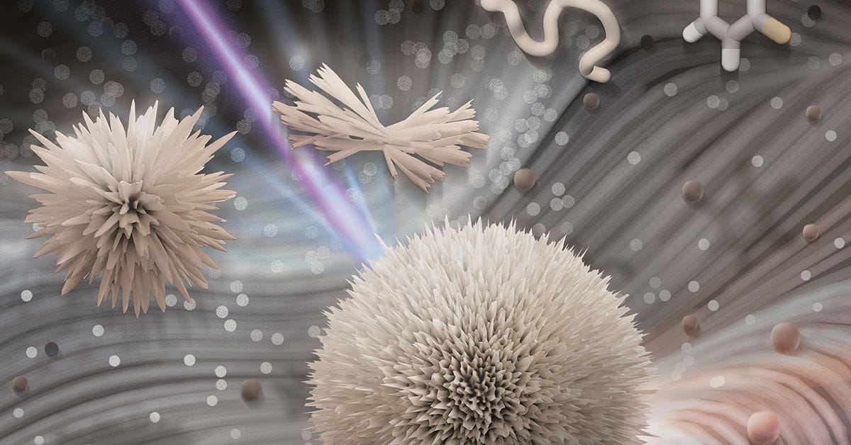 An artist's rendering of a group of atoms in space.