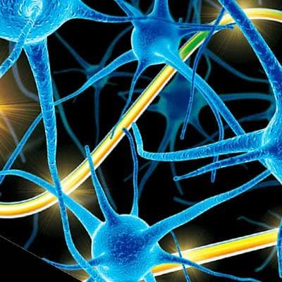 Digital illustrations of blue and yellow synapses