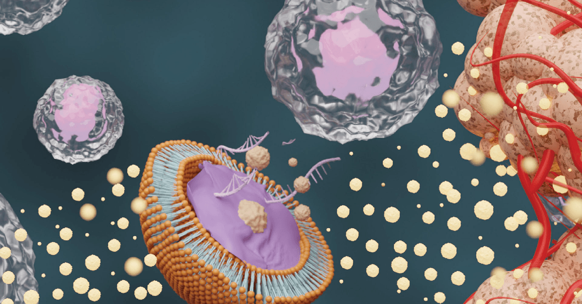 An illustration of nanoscale biological structures, including a lipid nanoparticle containing genetic material, surrounded by proteins, cells, and DNA strands against a dark blue background.