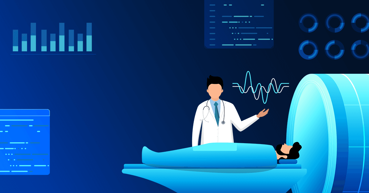 A Stylized medical graphic showing a patient on an imaging table entering an MRI scanner, accompanied by charts, code, and waveform displays.