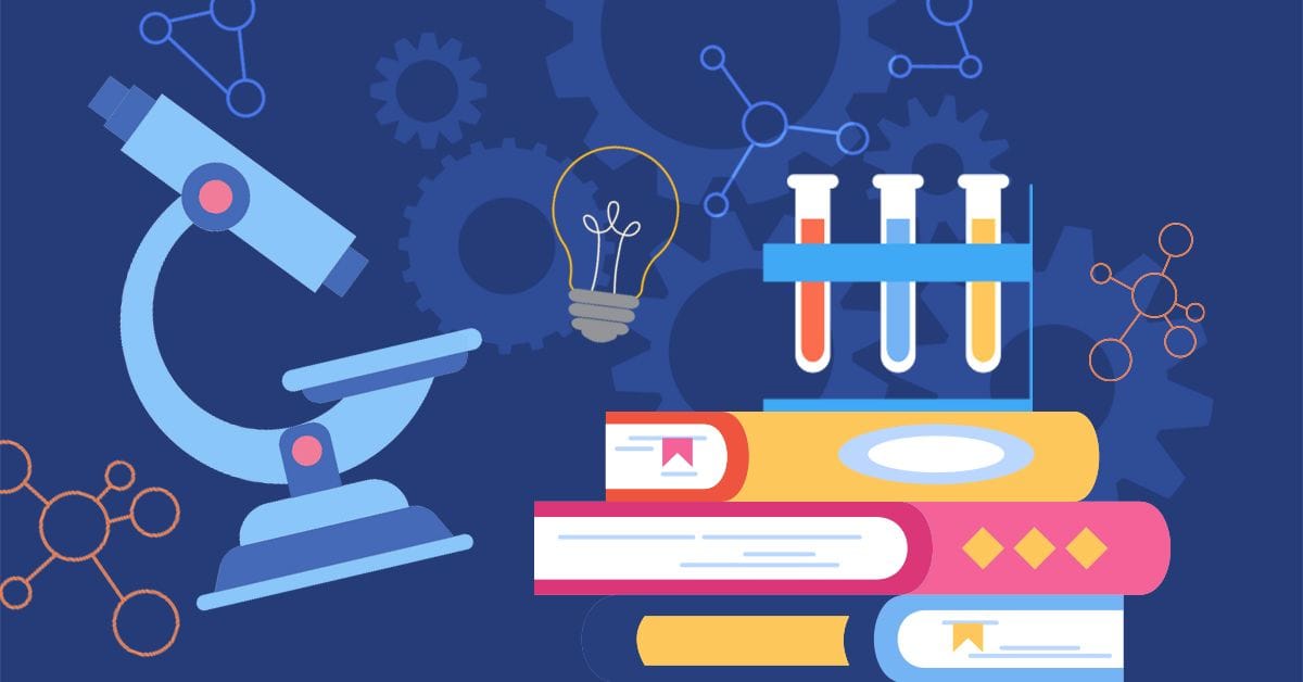 A graphic illustration of a microscope, scientific textbooks, beakers, molecules, and other science-related imagery on a blue background