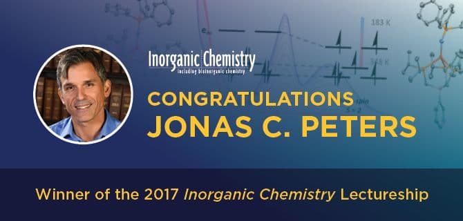 Banner congratulating Jonas C. Peters for winning the 2017 Inorganic Chemistry Lectureship, featuring his photo and molecular diagrams.