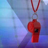 A red whistle on a blue background.