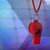 A red whistle on a blue background.