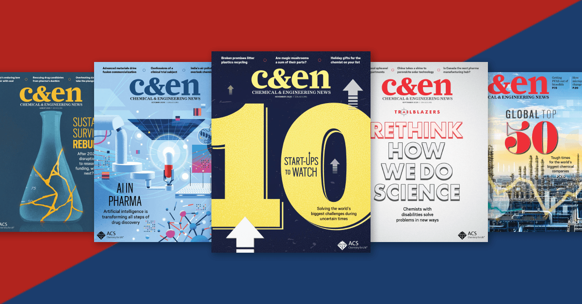 A collage of different Chemical & Engineering News magazine covers set against a red and blue background.