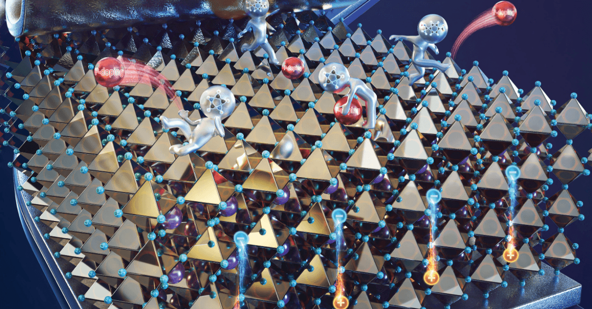 Conceptual 3D render of semiconductor p-doping and charge transport, featuring silver humanoid figures traversing a tetrahedral crystal lattice of blue atoms, red "P-doping" dopant spheres, and glowing electron and hole charge carriers emerging from the structure.