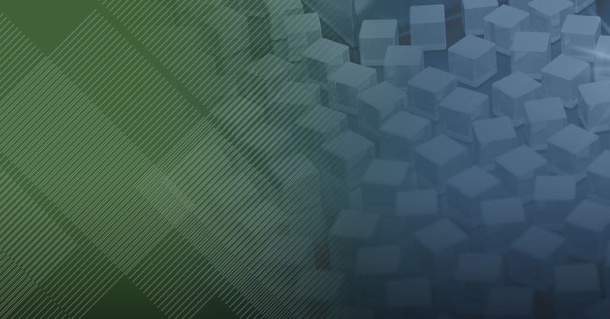 Abstract image with a gradient from green to blue, featuring diagonal lines on the left and an array of 3D cubes on the right.
