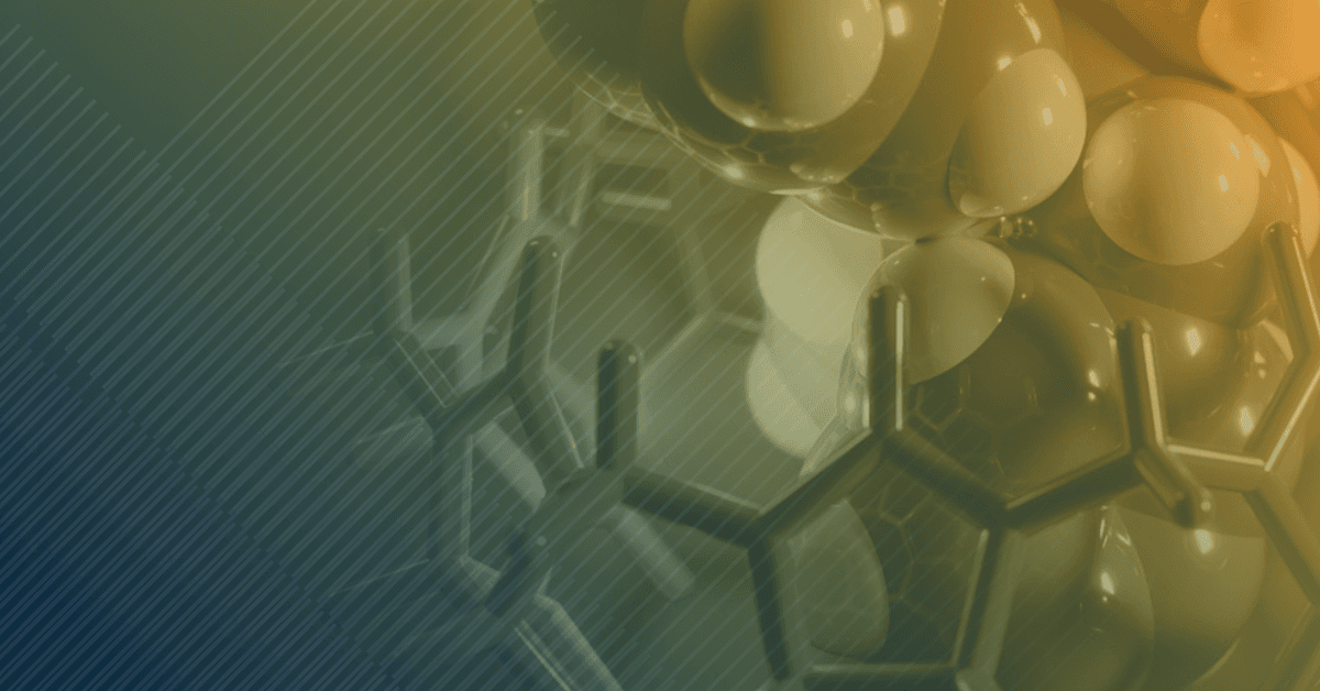 Abstract molecular structure with overlapping spheres and hexagonal shapes, set against a gradient background of green and orange tones.