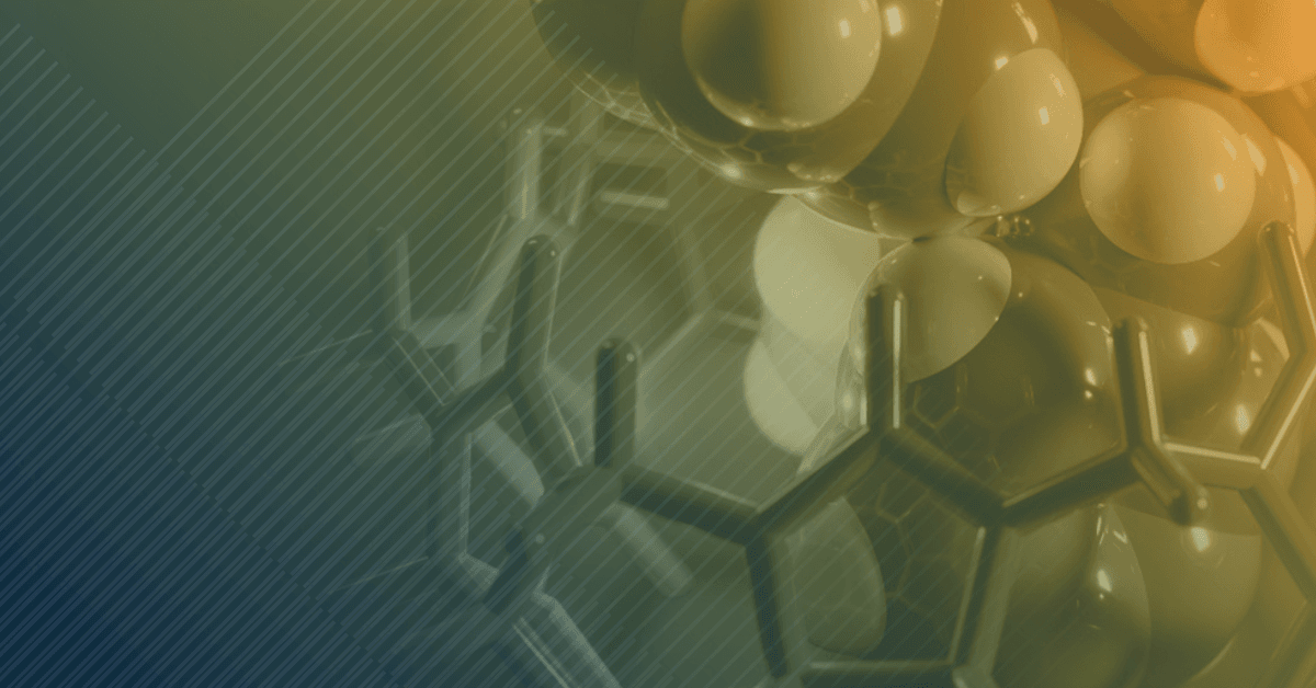 Abstract molecular structure with overlapping spheres and hexagonal shapes, set against a gradient background of green and orange tones.