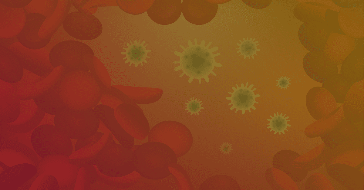 Abstract depiction of red blood cells and greenish viruses against a gradient background, symbolizing immune response and health.