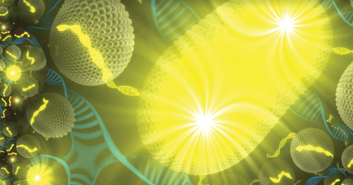 Illustration of luminous spherical nanoparticles and DNA helices against an olive-green background.