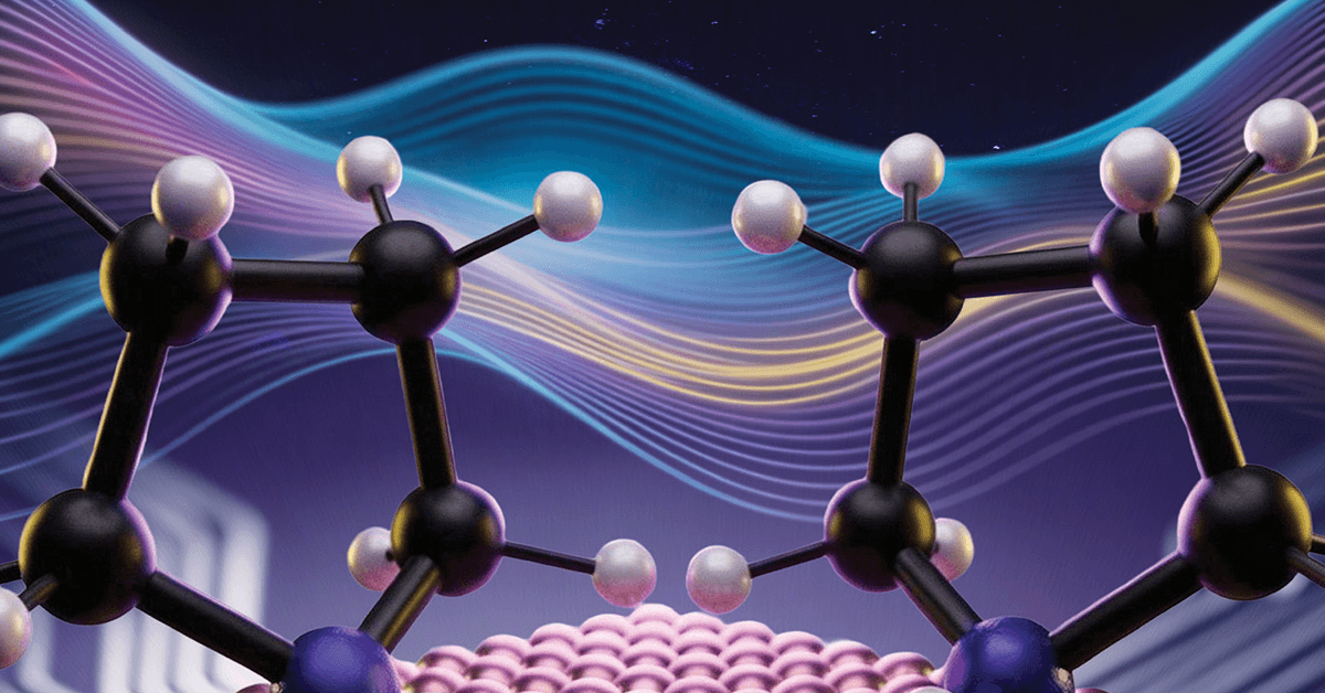 A cropped image from a JACS journal cover, depicting A pyrrolidine dimer adsorbed on a Cu(100) surface operates as an energy-efficient, multilevel molecular switch.