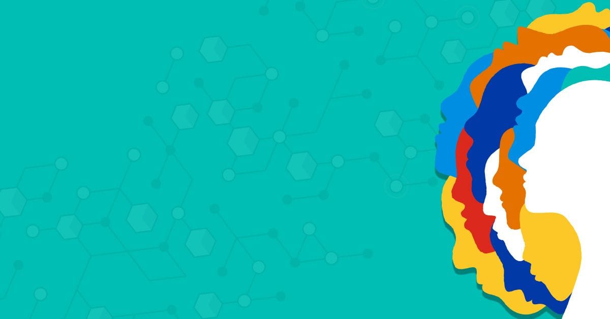 a colorful collection of solid profile faces on a teal background