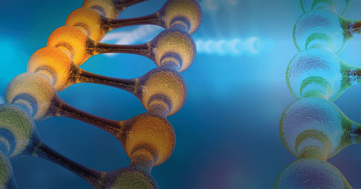 a DNA helix on a blurred blue background.