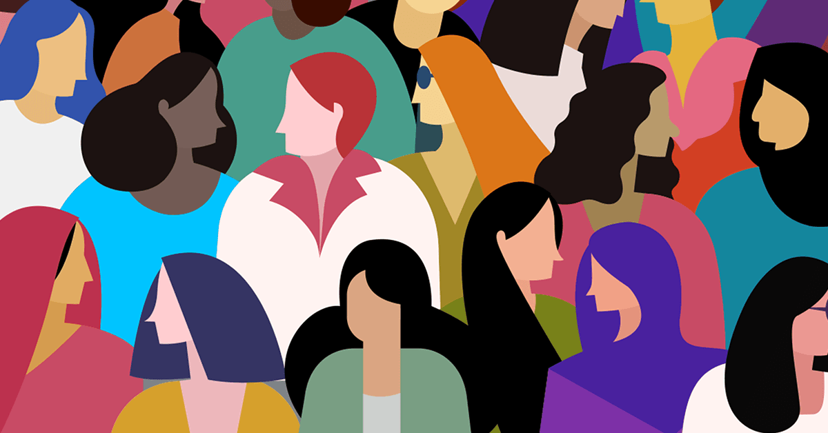 Colorful, stylized illustration of overlapping human figures facing different directions.