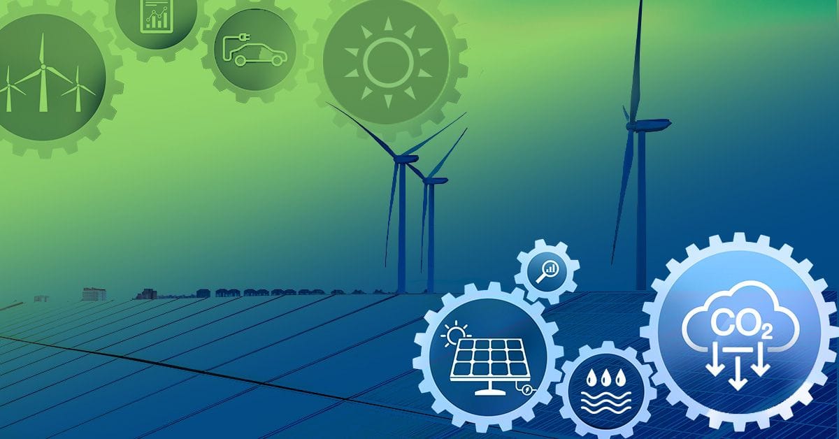 Various images of sustainable energy methods (wind, solar, desalination, etc.)