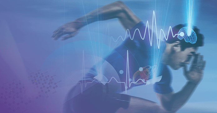 Illustration of a person running with overlaid graphics of a heartbeat and brain activity.