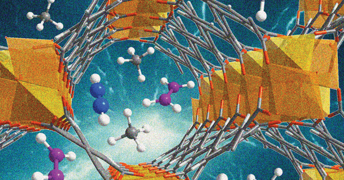 A colorful molecular structure illustration showing interconnected gray rods forming a lattice with yellow panels and scattered small molecules in blue, purple, and white against a teal background.
