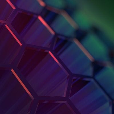 Close-up of a hexagonal lattice structure with illuminated edges and a blurred blue-green background.