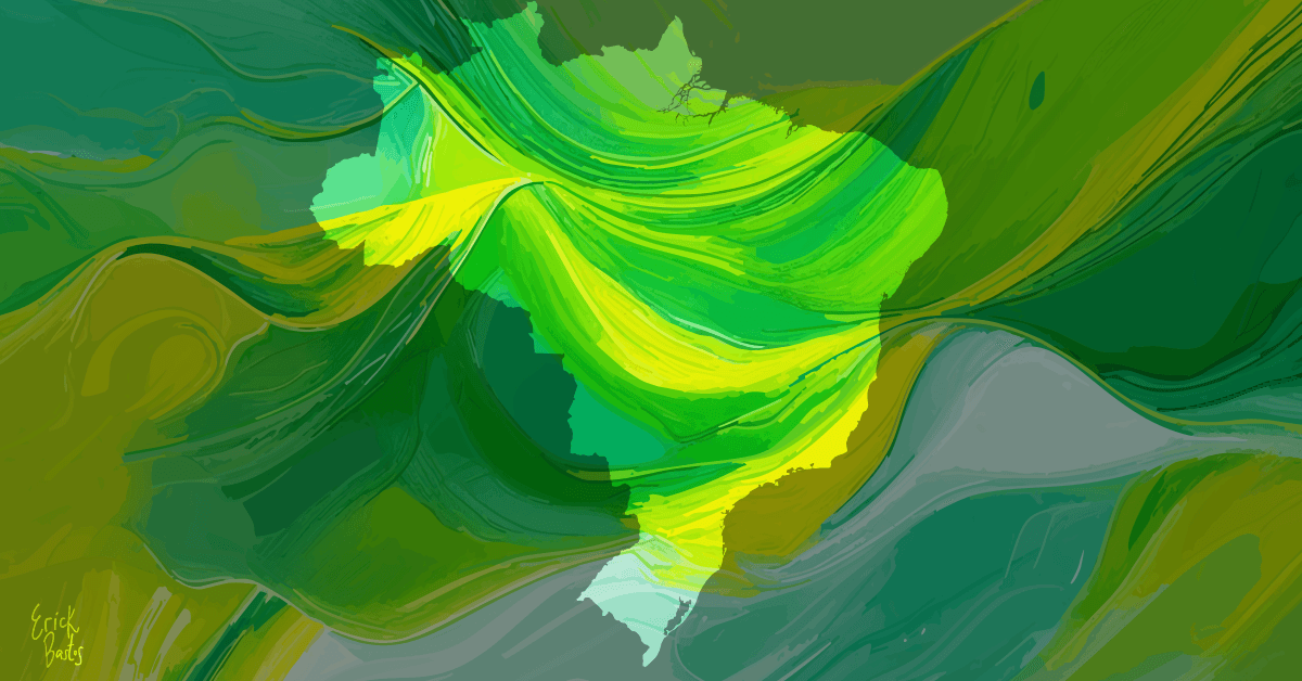 Abstract artwork featuring the country of Brazil with fluid, layered paintbrusk strokes in shades of green, yellow, and teal.