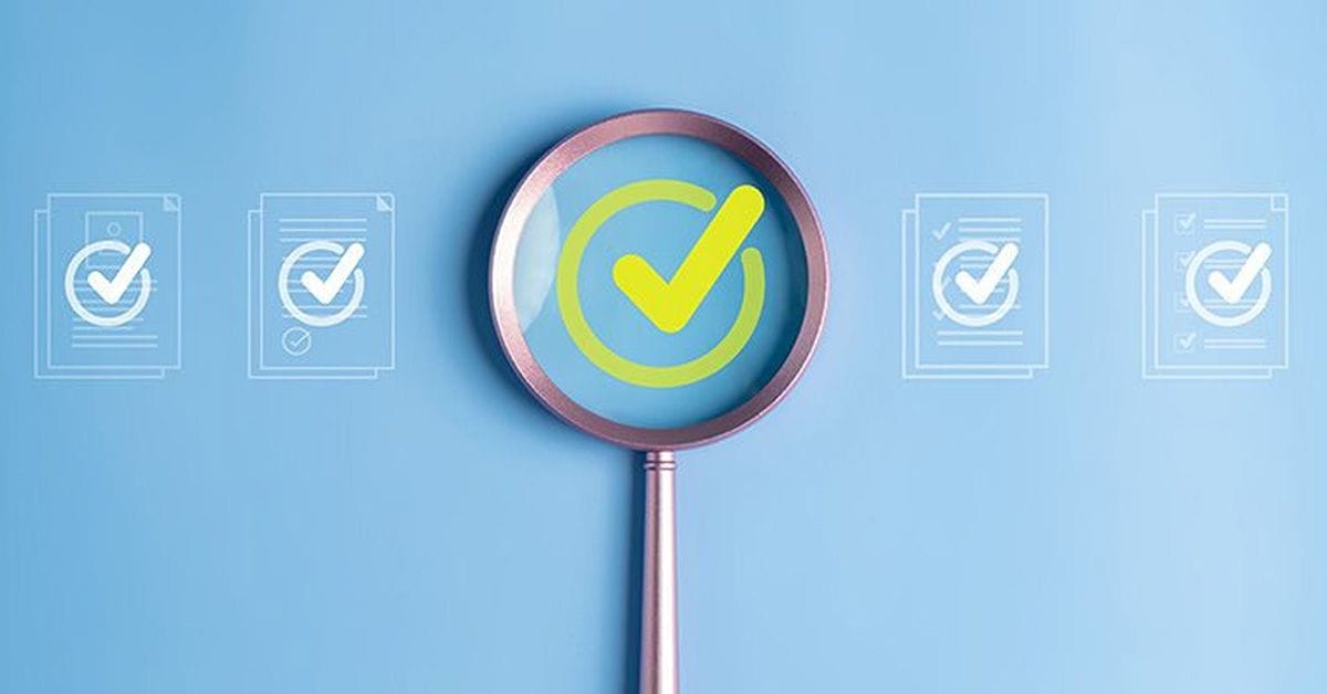 A digital illustration showing a magnifying glass highlighting a green check mark with a circle around it. On either side of the magnifying glass are documents with the same circled checkmark in white overlayed on top.