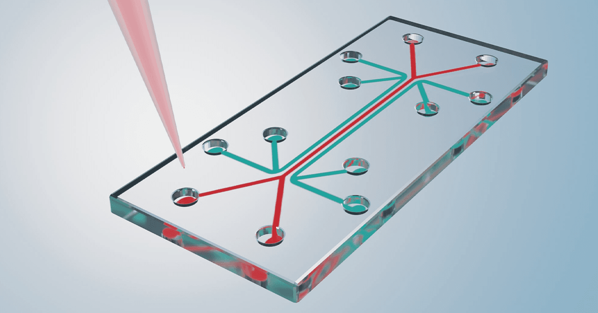 Illustration of a microfluidic chip with red and green channels, showing fluid pathways and a pipette tip poised to dispense into it.