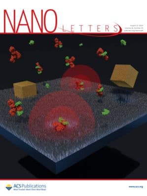Cover of Nano Letters journal showing a 3D illustration of a nanomaterial surface with red and green molecular structures and geometric shapes.