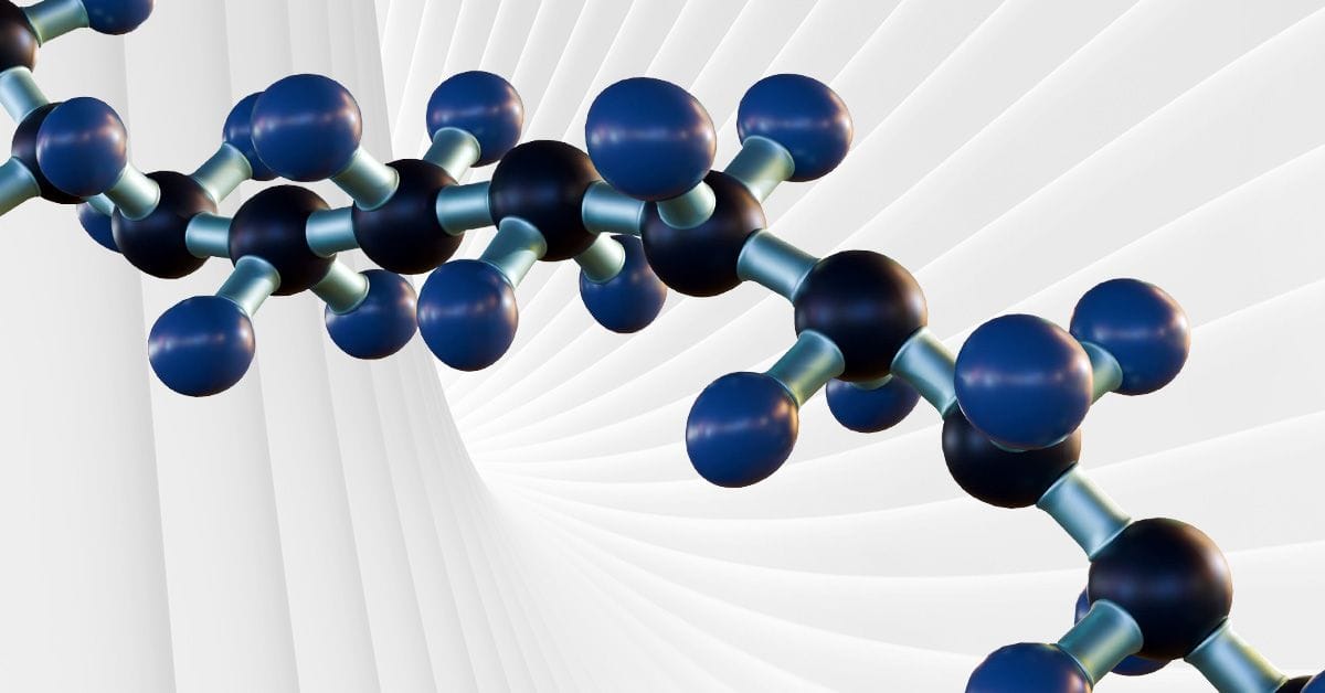 A 3D model of a blue and black polymer molecular structure.