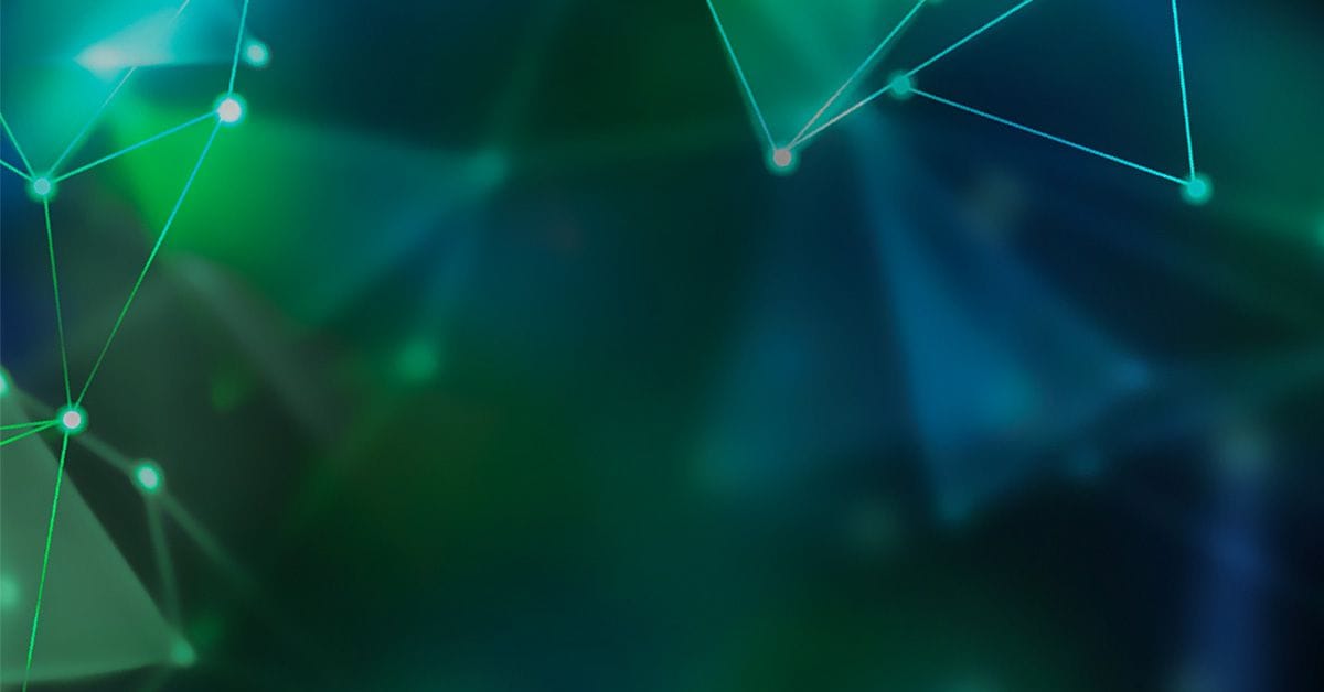 Abstract image with interconnected lines and nodes on a green and blue gradient background, creating a network-like pattern.