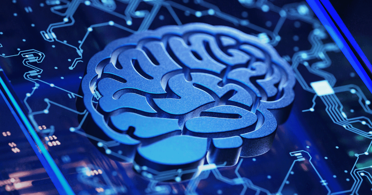 A stylized blue brain icon embedded in a circuit‑board interface.