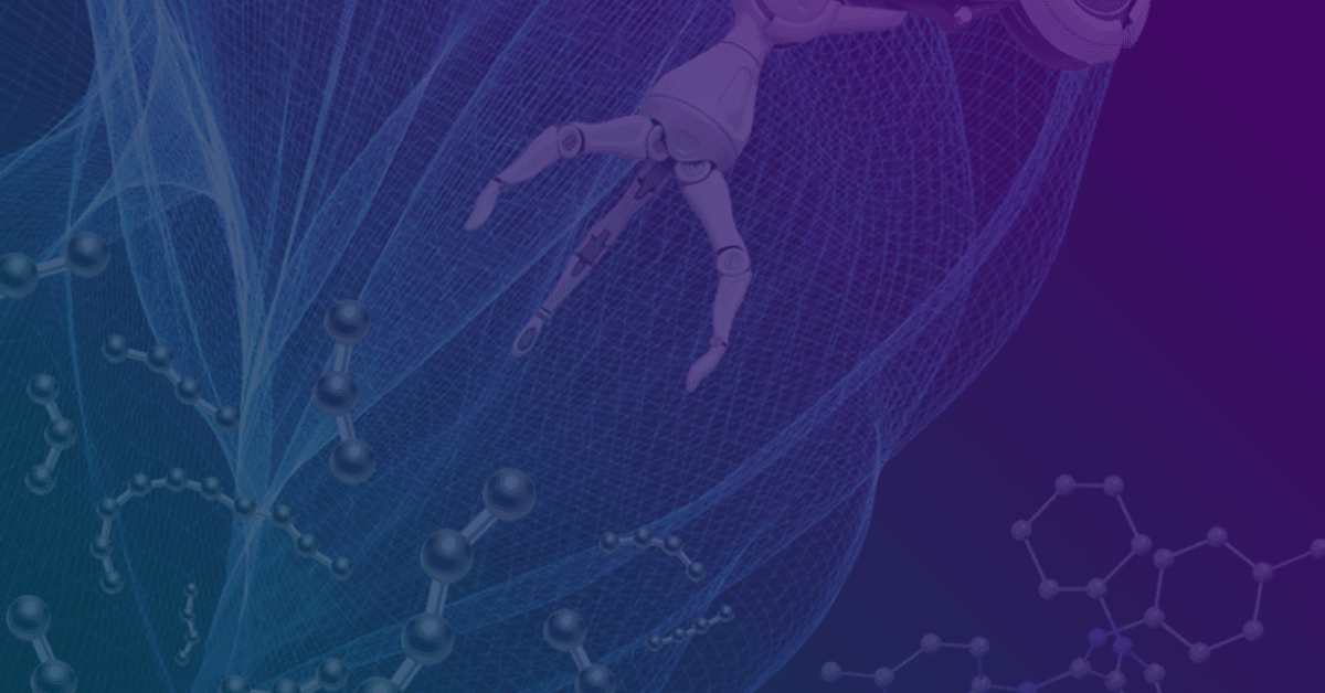 Abstract digital artwork showing a robotic hand, molecular diagrams, and flowing mesh shapes in blue and purple tones.