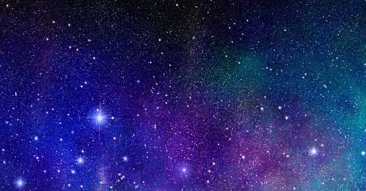 A purple and blue space background with stars.