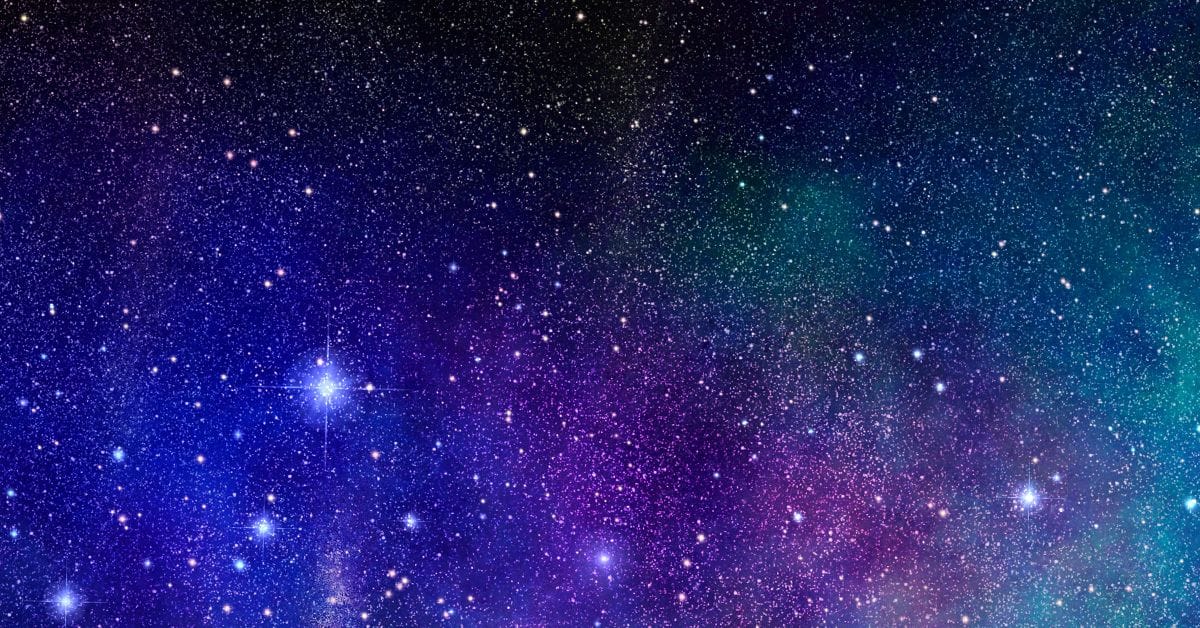 A purple and blue space background with stars.