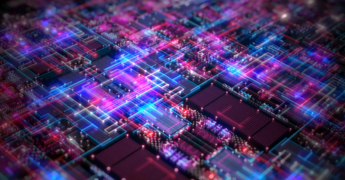 High‑resolution abstract rendering of a complex digital circuit landscape with luminous blue and pink data lines and nodes, representing computation, connectivity, or advanced technology.