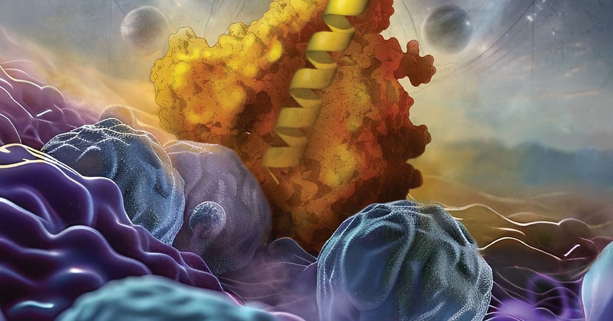 Artistic depiction of a protein structure amidst stylized cellular components, with a swirling background of vibrant colors, illustrating a biological or molecular scene.