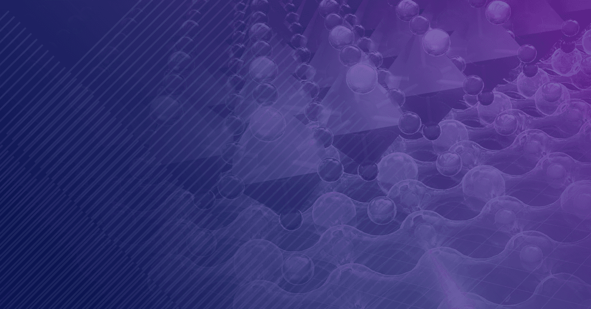 Abstract graphic featuring a purple and blue gradient background with interconnected spheres and triangular shapes.