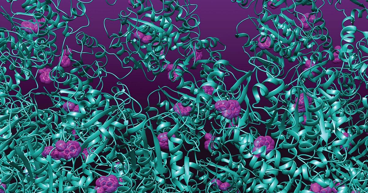 A colorful 3D rendering showing a complex molecular structure with intertwined teal ribbons and clusters of purple shapes, set against a gradient purple background.