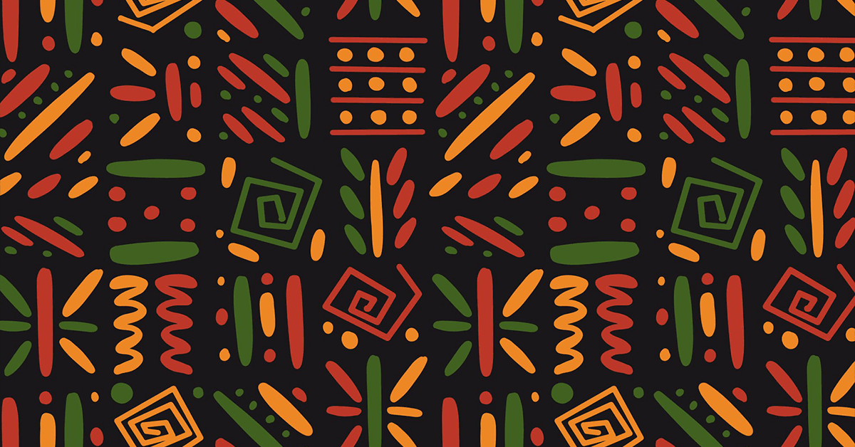 Simple hand drawn symbols background in traditional African colors - black, red, yellow, green. Kwanzaa decorative print