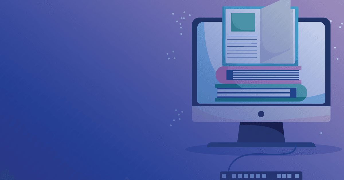 Illustration of a desktop computer with piled books, suggesting online education or e-learning on a blue-purple gradient background.