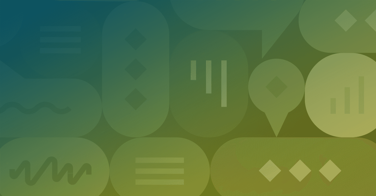 Background abstract design featuring various geometric shapes and icons, in a gradient of green and blue hues.