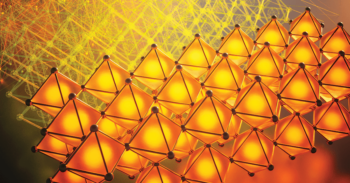 Bright orange lattice of repeating pyramid-shaped structures connected by nodes, set against an abstract network pattern.