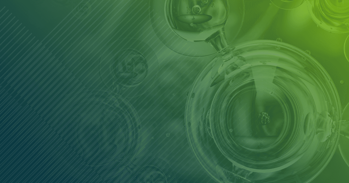Abstract green and blue background featuring glass-like spheres and bubbles, enhanced by diagonal lines for visual depth.