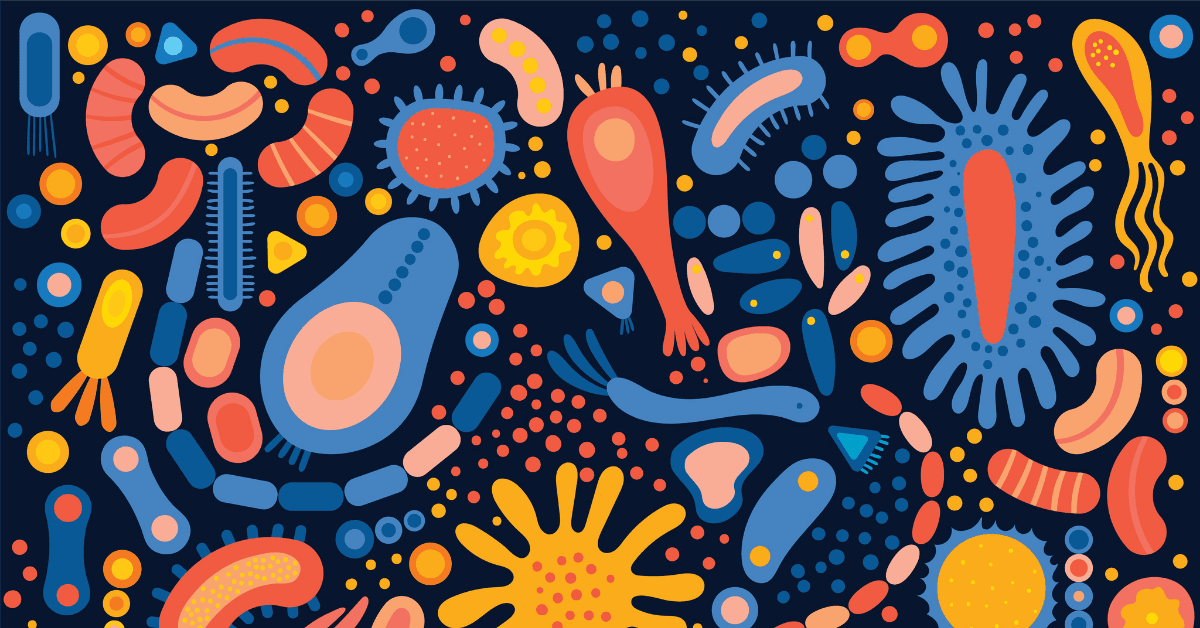 Flat-style illustration of diverse microorganisms—bacteria, viruses, and cells—in orange, yellow, and blue against a navy background.