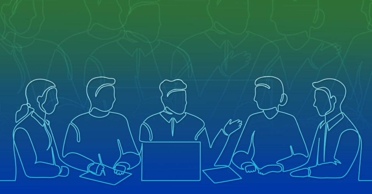 Outline illustration of five people gathered at a table, engaged in a discussion, with one person using a laptop. The background transitions from green at the top to blue at the bottom.