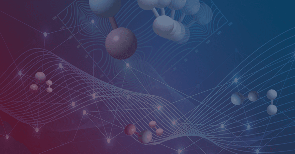 An abstract scientific background featuring stylized molecular structures and spherical atoms overlaid on a gradient blue‑to‑red backdrop with flowing grid lines and wave patterns, evoking themes of chemistry, spectroscopy, and data visualization.
